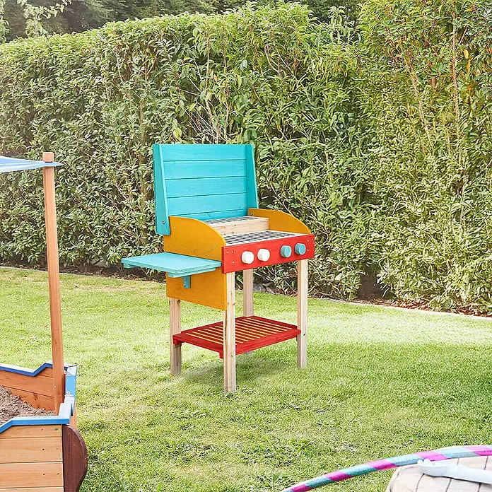 Home Deluxe Spielgrill TASTY - 33 x 67 x 75 cm, Holz, Blau/Rot - Bunter Holzspielzeug-Grill mit blauen, gelben und roten Elementen für Kinderspiele im Freien.