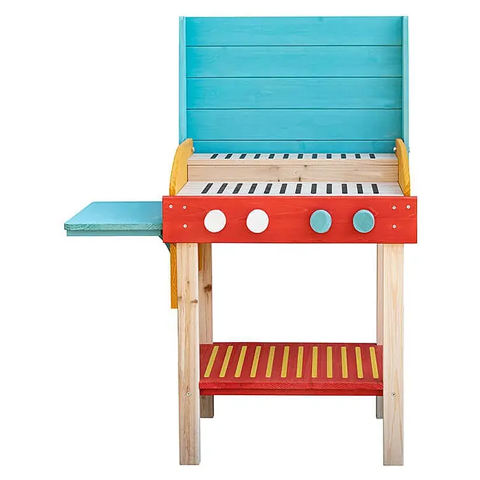 Home Deluxe Spielgrill TASTY - 33 x 67 x 75 cm, Holz, Blau/Rot - Bunter Holz-Spielgrill mit blauer Rückwand, roter Front mit Knöpfen, gelben Akzenten und naturfarbenen Holzbeinen und Ablagen.