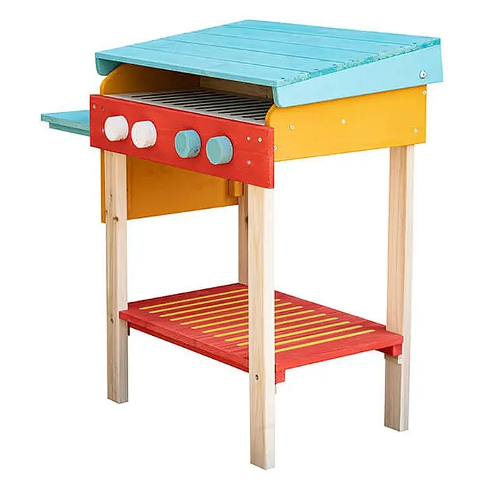 Home Deluxe Spielgrill TASTY - 33 x 67 x 75 cm, Holz, Blau/Rot - Bunter hölzerner Spielgrill mit blauem Schrägdach, roter Frontplatte mit weißen und blauen Knöpfen und roter Bodenablage. Ideal für draußen.
