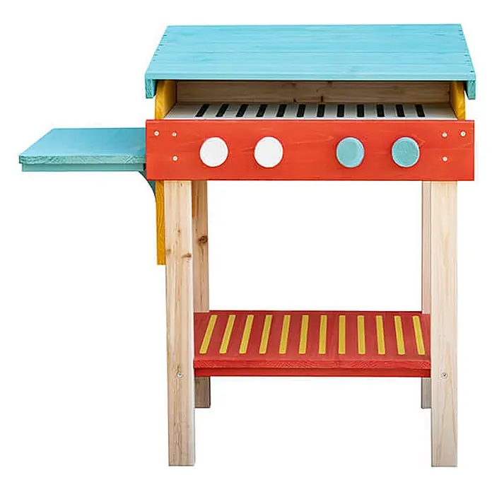 Home Deluxe Spielgrill TASTY - 33 x 67 x 75 cm, Holz, Blau/Rot - Bunter Holzspielgrill mit blauem Dach, roter Front und Naturholzrahmen. Mit weißen, blauen Knöpfen und gestreiften Ablagen.