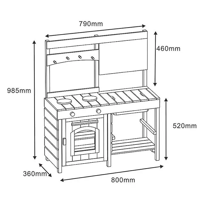 Home Deluxe Matschküche MUDINO - 42 x 80 x 98 cm, Holz, Grau - Hölzerne Spielküche mit Herd, Backofen und Spülbereich, inklusive detaillierter Maße.