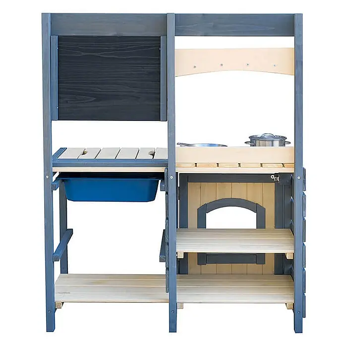 Home Deluxe Matschküche MUDINO - 42 x 80 x 98 cm, Holz, Grau - Hölzerne Spielküche für draußen in Grau und Naturholz, mit Kreidetafel, Becken und Regalen.