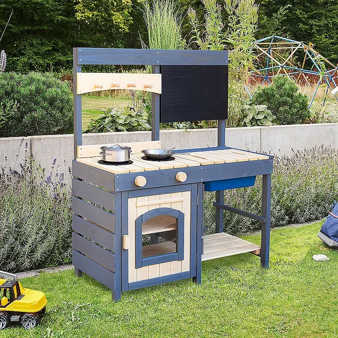 Home Deluxe Matschküche MUDINO - 42 x 80 x 98 cm, Holz, Grau - Blaue und naturbelassene Holz-Spielküche für draußen mit Tafel, Haken, Herd, Backofen und Spüle im Garten.