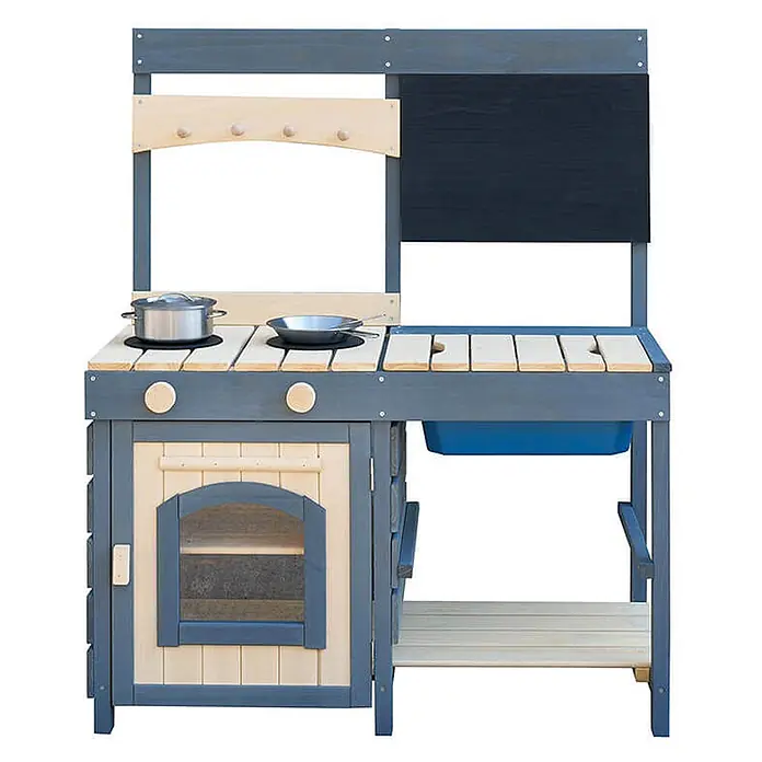 Home Deluxe Matschküche MUDINO - 42 x 80 x 98 cm, Holz, Grau - Hölzerne Spielküche in Blaugrau und Naturholz mit Herd, Spüle, Ofen und Kreidetafel.