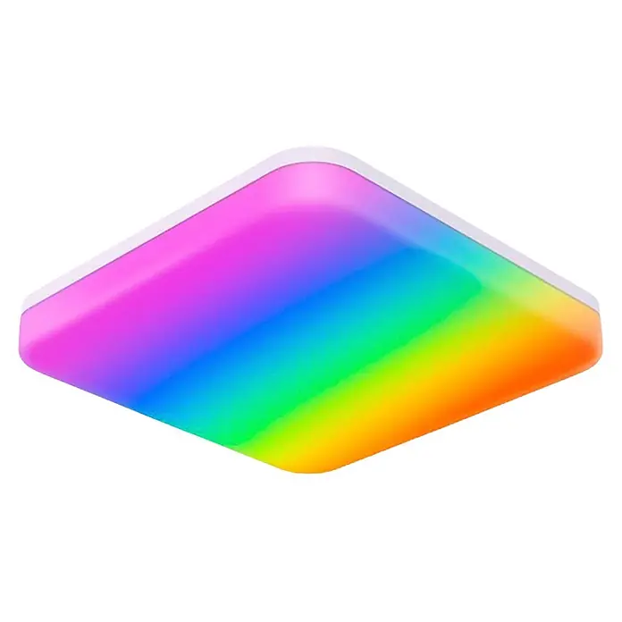 Hama LED-Deckenleuchte Matter WLAN RGBW - L x B x H: 22 x 22 x 5 cm - Quadratisches LED-Lichtpanel mit abgerundeten Ecken, zeigt einen lebhaften Regenbogen-Farbverlauf und einen schmalen weißen Rahmen.