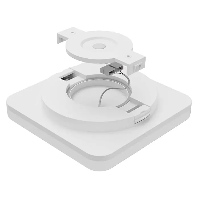Hama LED-Deckenleuchte Matter WLAN RGBW - L x B x H: 22 x 22 x 5 cm - Weiße quadratische Montagebasis mit teilweise geöffnetem rundem Bauteil, das interne Verkabelung zeigt.