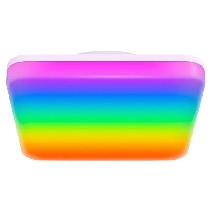 Hama LED-Deckenleuchte Matter WLAN RGBW - L x B x H: 22 x 22 x 5 cm - Rechteckiger Behälter mit abgerundeten Ecken, glänzender Regenbogenverlauf von Rosa zu Orange.