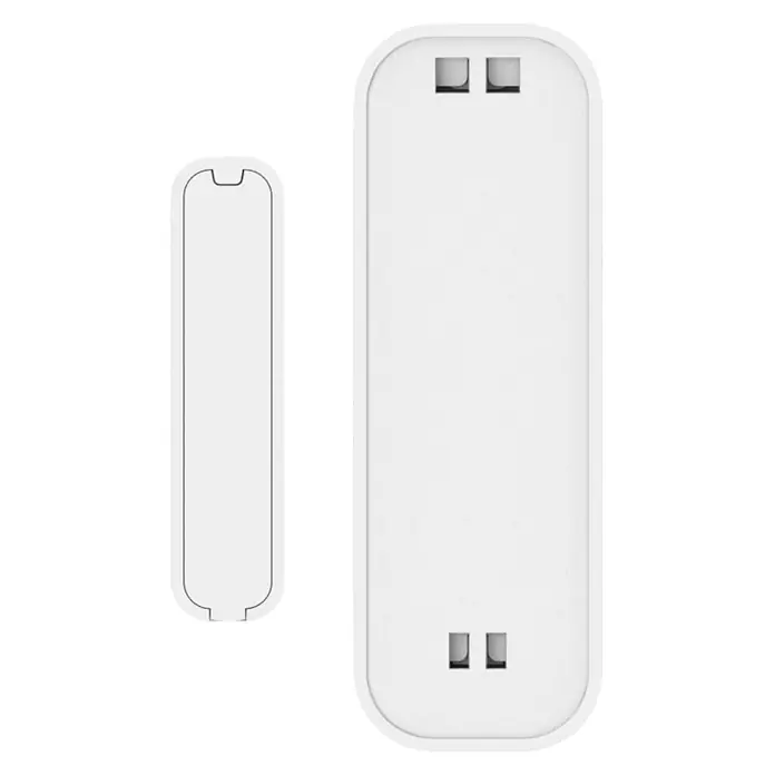 Hama Funk-Fensterkontakt 00176663 für Türen Fenster Garagen Zigbee magnetisch - Weiß - Zwei weiße, rechteckige Kontaktsensor-Komponenten mit abgerundeten Ecken. Das größere Teil hat quadratische Aussparungen, das kleinere U-förmige Vertiefungen.