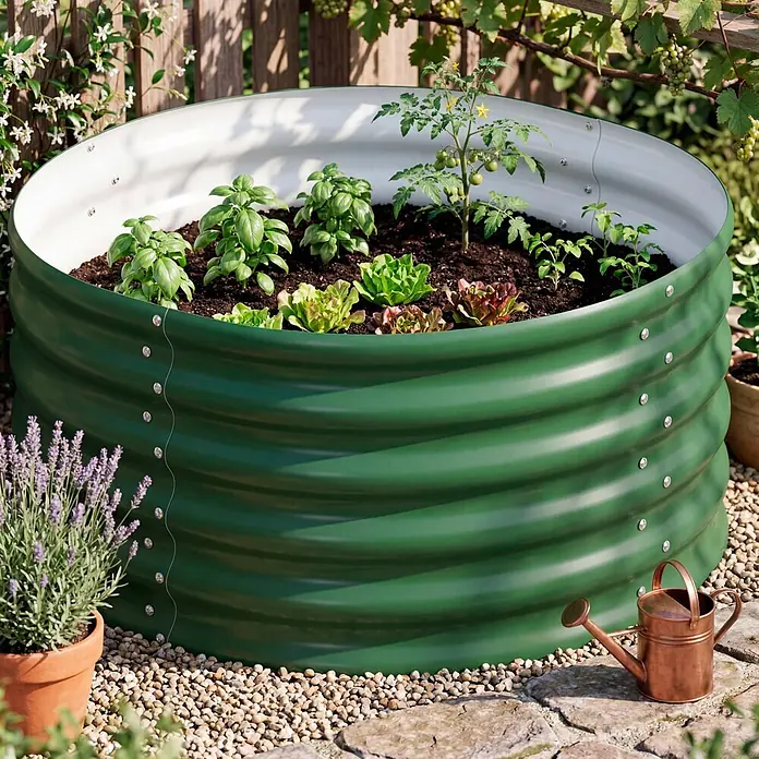 Vitavia Hochbeet Terra 401 - 82 x 82 x 40,1 cm, Zincalume®, Seegras - Grünes Hochbeet aus Wellblech, gefüllt mit Erde, Kräutern, Salat und Tomaten in einer sonnigen Gartenumgebung.