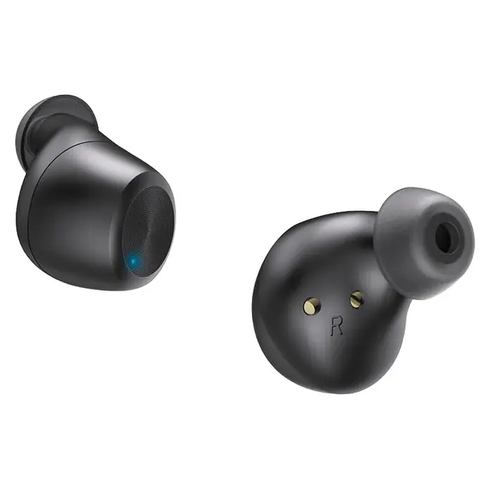 Hama Kopfhörer 00184172 Bluetooth "Spirit Chop II" True Wireless In-Ear Equalizer - Schwarz - Ein Paar schwarze kabellose Ohrhörer. Einer zeigt ein blaues Licht, der andere hat einen grauen Ohrstöpsel und goldene Ladekontakte.