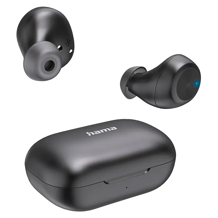 Hama Kopfhörer 00184172 Bluetooth "Spirit Chop II" True Wireless In-Ear Equalizer - Schwarz - Zwei schwarze kabellose Ohrhörer mit blauer Anzeigeleuchte und ihr schwarzes Hama Ladecase.