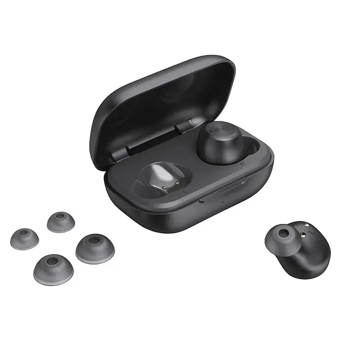 Hama Kopfhörer 00184172 Bluetooth "Spirit Chop II" True Wireless In-Ear Equalizer - Schwarz - Offene mattschwarze kabellose Kopfhörer-Ladehülle mit einem Hörer innen, einem außen und vier zusätzlichen Ohrstöpseln.