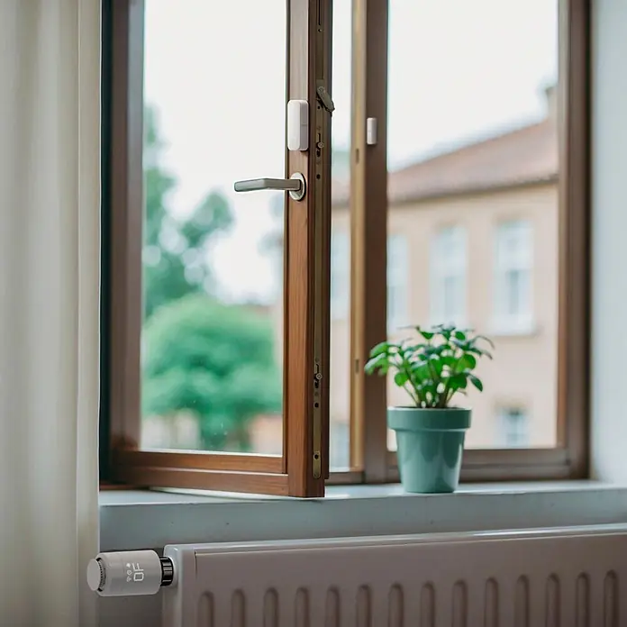 Hama Funk-Fensterkontakt 00176663 für Türen Fenster Garagen Zigbee magnetisch - Weiß - Weißes Smart-Thermostat am Heizkörper und weißer Fenstersensor am Holzrahmen, für smarte Heizungssteuerung und Sicherheit.