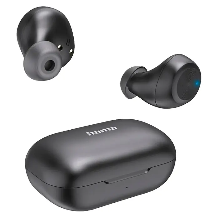Hama Kopfhörer 00184172 Bluetooth "Spirit Chop II" True Wireless In-Ear Equalizer - Schwarz - Schwarze kabellose Ohrhörer und Ladeetui. Ein Ohrhörer zeigt eine blaue Kontrollleuchte.