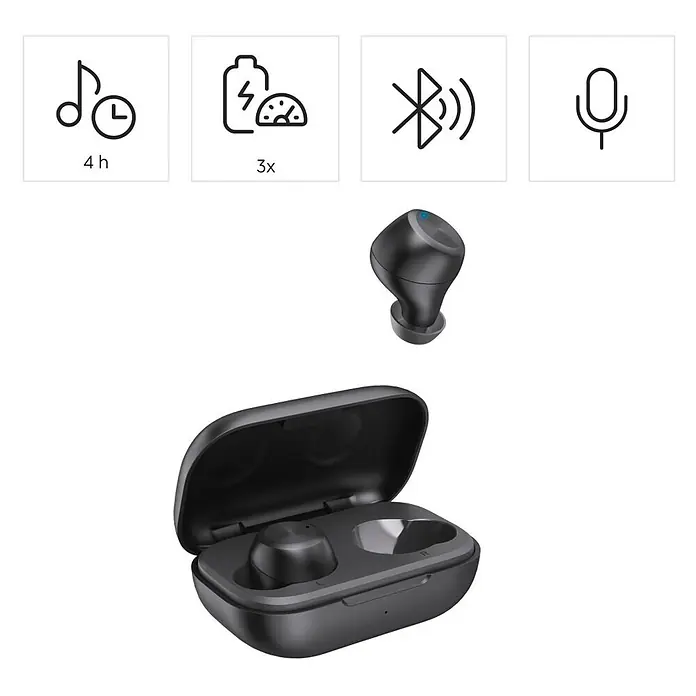 Hama Kopfhörer 00184172 Bluetooth "Spirit Chop II" True Wireless In-Ear Equalizer - Schwarz - Schwarze kabellose Ohrhörer mit Ladeetui, bieten 4h Wiedergabe, 3x Zusatzladung, Bluetooth und Mikrofon.