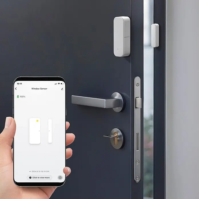 Hama Funk-Fensterkontakt 00176663 für Türen Fenster Garagen Zigbee magnetisch - Weiß - Weißer smarter Türsensor an einer dunklen Tür, Status "EIN" auf einem Smartphone-Display angezeigt.