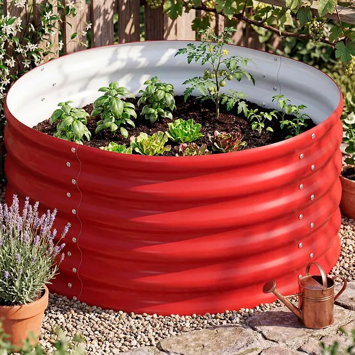 Vitavia Hochbeet Terra 401 - 82 x 82 x 40,1 cm, Zincalume®, Rubin - Rotes, gewelltes Metall-Hochbeet, gefüllt mit verschiedenen Pflanzen (Tomaten, Basilikum, Salat) in einem sonnigen Garten.