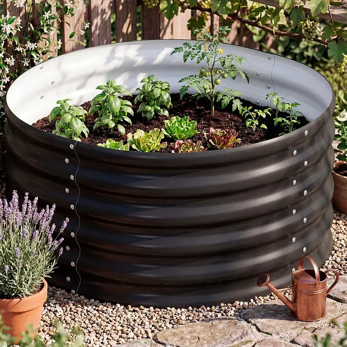 Vitavia Hochbeet Terra 401 - 82 x 82 x 40,1 cm, Zincalume®, Schwarz - Schwarzes Wellblech-Hochbeet, gefüllt mit Kräutern und Gemüse in einem üppigen Garten.