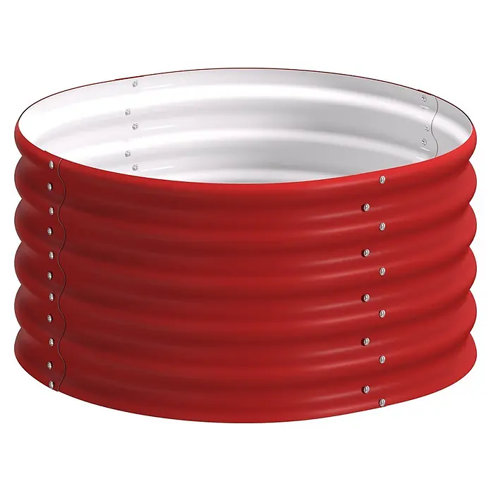 Vitavia Hochbeet Terra 401 - 82 x 82 x 40,1 cm, Zincalume®, Rubin - Rotes Wellblech-Hochbeet mit weißer Innenseite, mit sichtbaren Schrauben montiert.