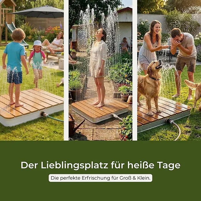 Interpromo Bodendusche Niagara - Ø x H: 70,4 x 7,5 cm, Holz - Sprühendes Wasserpodest aus Holzlamellen auf weißer Basis, von Kindern, Erwachsenen und Hunden zur Erfrischung genutzt.