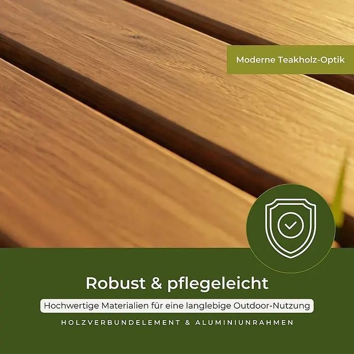 Interpromo Bodendusche Niagara - Ø x H: 70,4 x 7,5 cm, Holz - Nahaufnahme moderner Teakholz-Optik-Dielen, robust und pflegeleicht, aus Holzverbundelementen und Aluminiumrahmen für den Außenbereich.