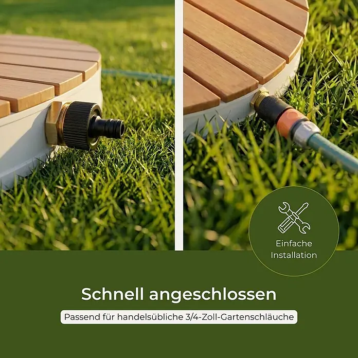 Interpromo Bodendusche Niagara - Ø x H: 70,4 x 7,5 cm, Holz - Nahaufnahme einer Holzlamellen-Außenplattform mit Messing-Schlauchanschluss, links unangeschlossen, rechts mit grünem Gartenschlauch verbunden.