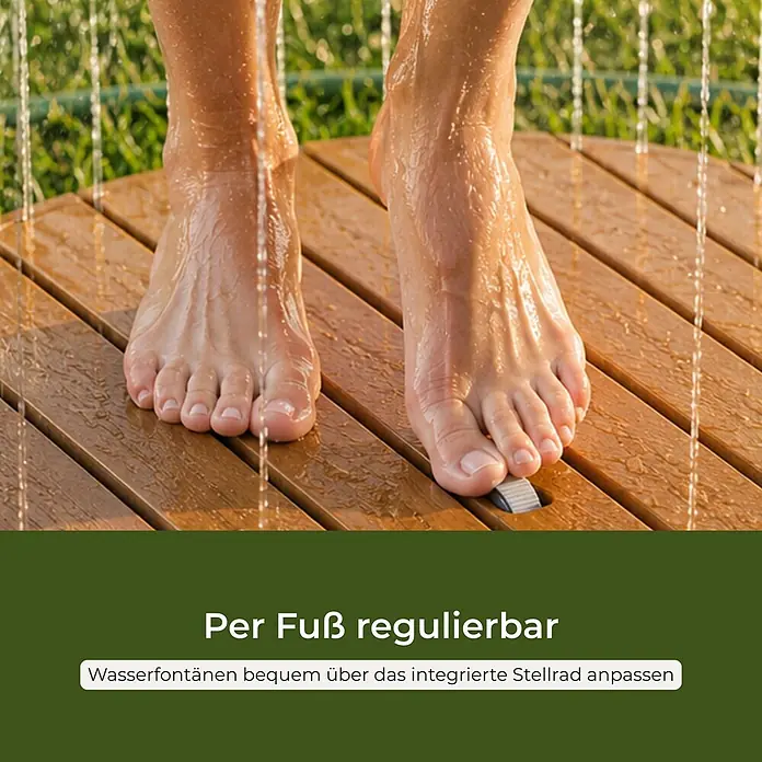 Interpromo Bodendusche Niagara - Ø x H: 70,4 x 7,5 cm, Holz - Barfuß auf einer Holz-Außendusche mit integriertem Fußrad zur Regulierung der Wasserstrahlen.