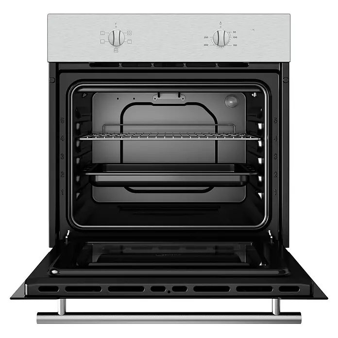 Midea Horno empotrado MBO65M40M0-X ST - Número de tipos de calentamiento: 4 ud., Volumen horno: 70 l - Horno empotrado con puerta abierta, panel de control de acero inoxidable, interior negro con rejilla y bandeja.