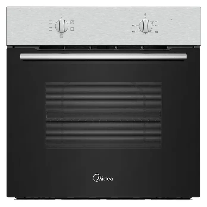 Midea Horno empotrado MBO65M40M0-X ST - Número de tipos de calentamiento: 4 ud., Volumen horno: 70 l - Horno encastrable negro con panel de control de acero inoxidable cepillado, dos perillas para función y temperatura, y puerta de cristal.