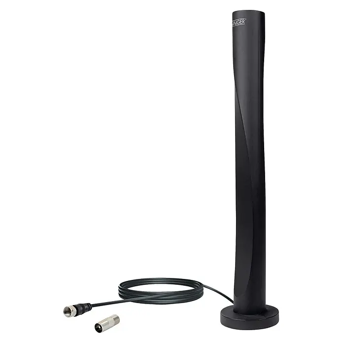 Schwaiger Antenne Aktiv für UKW & DAB+ Radio - Schwarz - Schwarze VAIGER Digital-TV-Antenne mit hohem, gedrehtem Design und angeschlossenem Kabel mit Silbersteckern.