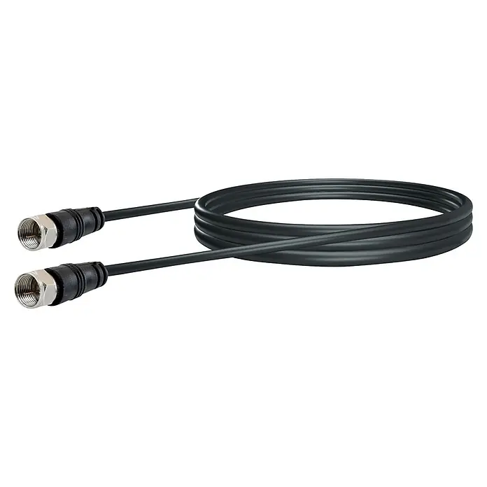Schwaiger Antenne Aktiv für UKW & DAB+ Radio - Schwarz - Schwarzes Koaxialkabel mit silbernen F-Steckern, teilweise aufgerollt.