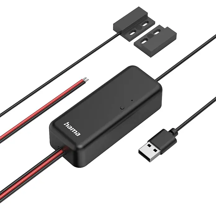 Hama Smartphone-Garagentoröffner 00176680 WLAN mit Sensor Steuerung per App/Sprachbefehl - Schwarz - Schwarzes Hama Elektronikmodul mit Magnetkontaktsensor, USB-Stecker und blanken Kabeln für Smart Home.