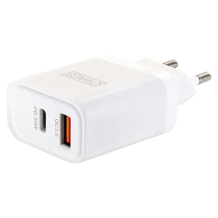 Schwaiger USB-Ladeadapter 30W USB-A, USB-C - Weiß - Weißes Dual-Port-Ladegerät mit USB-C PD 30W, USB-A QC3.0 Anschluss und Eurostecker.