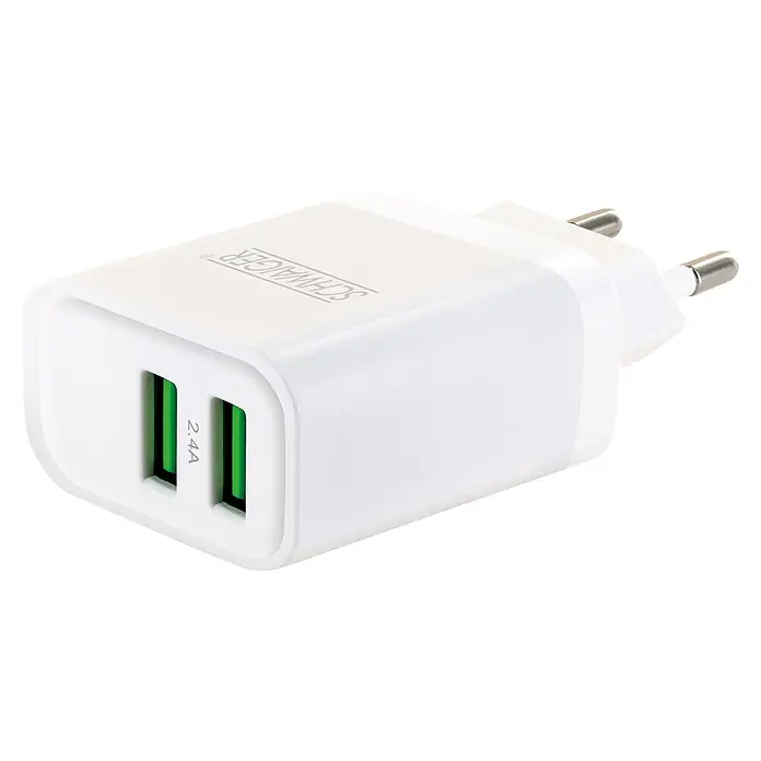 Schwaiger USB-Ladeadapter 230V 2 x USB-A - Weiß - Weißes Dual-Port USB-Ladegerät mit grünen USB-A-Anschlüssen, 2.4A Ausgang und Eurostecker.