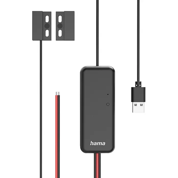 Hama Smartphone-Garagentoröffner 00176680 WLAN mit Sensor Steuerung per App/Sprachbefehl - Schwarz - Schwarzes Hama Smart Home Tür-/Fenstersensor-Set mit Haupteinheit, Magnetkontakt, offenem Kabel und USB-Anschluss.