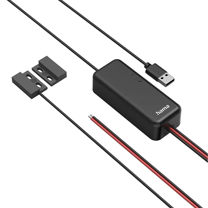 Hama Smartphone-Garagentoröffner 00176680 WLAN mit Sensor Steuerung per App/Sprachbefehl - Schwarz - Schwarzes Smart Home Sensor Kit: zwei Magnetkontakte, eine zentrale Steuereinheit mit 'hama'-Logo, blanke rot/schwarze Kabel und ein USB-A-Anschluss.