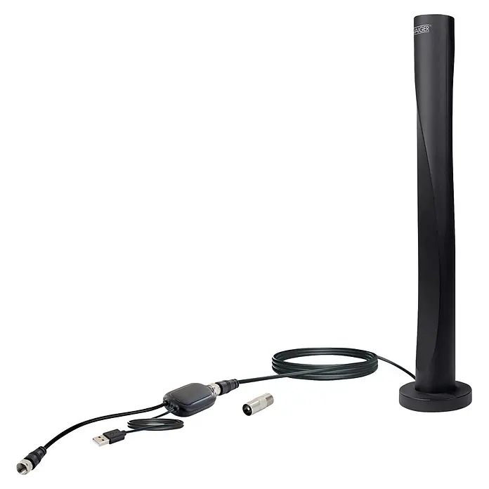 Schwaiger Antenne Aktiv für UKW & DAB+ Radio - Schwarz - Schwarze DVB-T/DVB-T2 Digital-Zimmerantenne mit Standfuß, Signalverstärker, USB-Stromkabel, Koaxialkabel und Adapter.