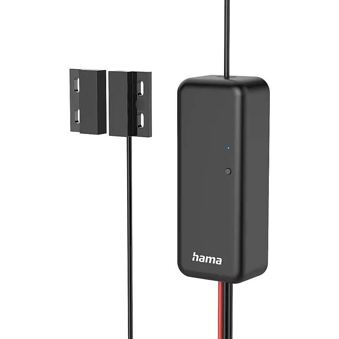 Hama Smartphone-Garagentoröffner 00176680 WLAN mit Sensor Steuerung per App/Sprachbefehl - Schwarz - Schwarzer Magnetkontakt für Türen/Fenster, mit zwei rechteckigen Sensoren und einer „hama“-Zentraleinheit.