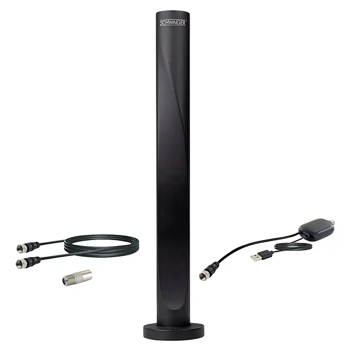 Schwaiger Antenne Aktiv für UKW & DAB+ Radio - Schwarz - Schwarze Schwaiger DVB-T2 Antenne mit Koaxialkabeln, F-Stecker und USB-Netzteil für digitalen TV-Empfang.