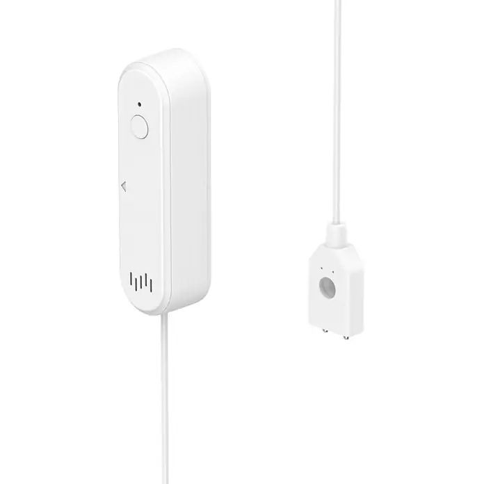 Hama Wassermelder 00176668 Zigbee 80dB -  - Weißes Smart-Home-Gerät mit rechteckiger Haupteinheit und angeschlossenem Wasserlecksensor.