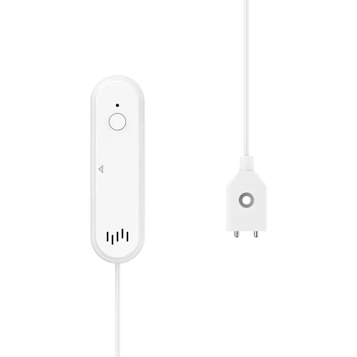 Hama Wassermelder 00176668 Zigbee 80dB -  - Weißes smartes Sensorengerät mit Symbolen, über ein Kabel mit einem weißen Steckermodul verbunden.