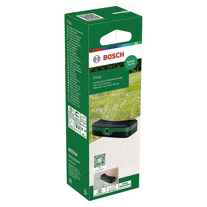 Bosch Gasflaschen-Füllstandsanzeiger Filio - Passend für: Stahl- und Aluminium-Flüssiggasflaschen (Propan und Butan) mit einem Durchmesser von 200-350 mm - Bosch Filio Gasfüllstandsanzeiger in grüner Verpackung, zeigt das schwarz-grüne Gerät auf Gras. Mit Ultraschalltechnologie.