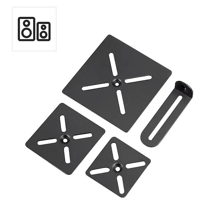 Hama Standfuß 00220882 Lautsprecherständer höhenverstellbar mit Kabelführung - Schwarz - Set schwarzer Metall-Lautsprecher-Wandhalterungen, darunter drei quadratische Platten mit sternförmigen Schlitzen und ein L-förmiger Bügel mit Langloch.