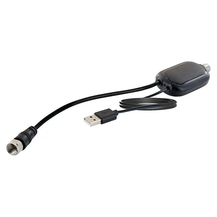 Schwaiger Antenne Aktiv für UKW & DAB+ Radio - Schwarz - Schwarzer Signalverstärker für Antennen, mit F-Stecker und aufgerolltem USB-A Stromkabel.