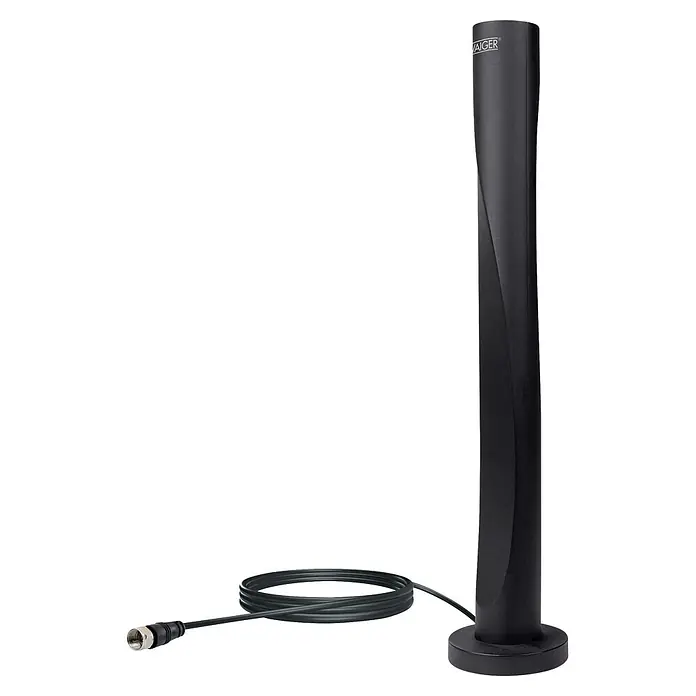 Schwaiger Antenne Aktiv für UKW & DAB+ Radio - Schwarz - Schwarze, vertikal stehende Antenne mit gedrehtem Design und Koaxialkabel mit Stecker.