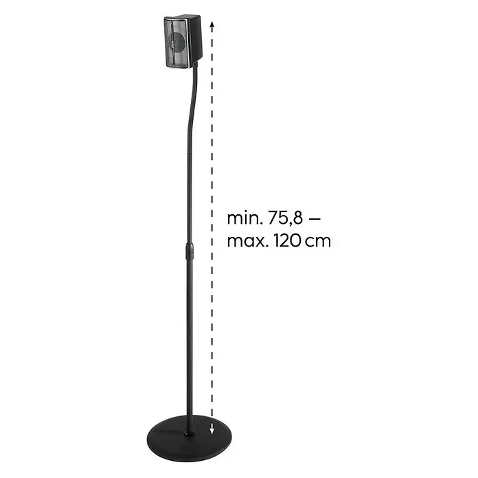 Hama Standfuß 00220882 Lautsprecherständer höhenverstellbar mit Kabelführung - Schwarz - Verstellbarer schwarzer Lautsprecherständer mit schwarzem Lautsprecher, Höhe von 75,8 cm bis 120 cm.