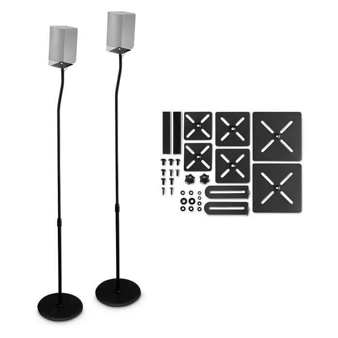 Hama Standfuß 00220882 Lautsprecherständer höhenverstellbar mit Kabelführung - Schwarz - Zwei schwarze Bodenlautsprecherständer und ein Satz schwarzes Montagezubehör mit Platten, Schrauben und Polstern.