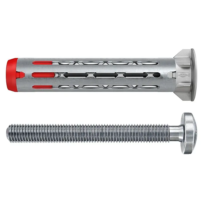 Fischer Hohlraumdübel DuoHM 5x55 S TX - Ø x L: 10 x 55 mm, Nylon, 25 Stk., M 5 - Silber-rote Ankerhülse mit separatem Gewindebolzen, Komponenten eines mechanischen Befestigungssystems.