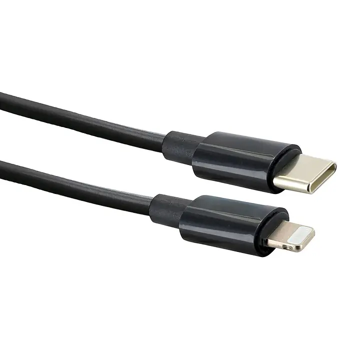 Schwaiger USB-Ladekabel USB-C auf Lightning - Schwarz, Länge: 80 cm - Schwarzes USB-C-auf-Lightning-Kabel mit goldfarbenen Anschlüssen.
