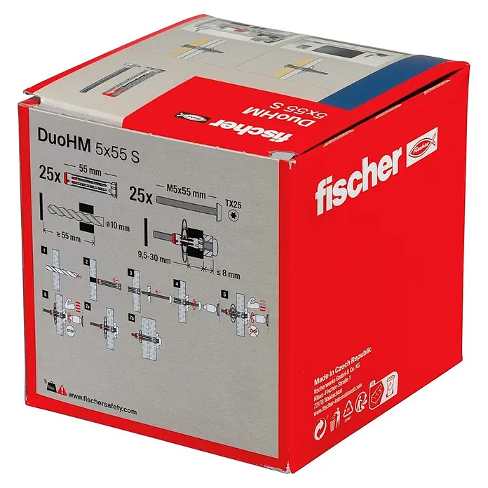 Fischer Hohlraumdübel DuoHM 5x55 S TX - Ø x L: 10 x 55 mm, Nylon, 25 Stk., M 5 - Rot-graue fischer DuoHM 5x55 S Hohlraumdübel-Packung mit Montageanleitung, zeigt 25 Dübel und Schrauben.